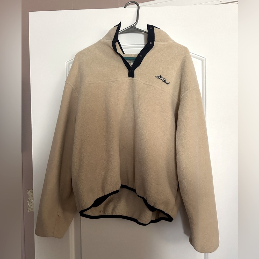 Vintage L.L. Bean Beige Fleece Pullover with Navy Trim Women’s Large
